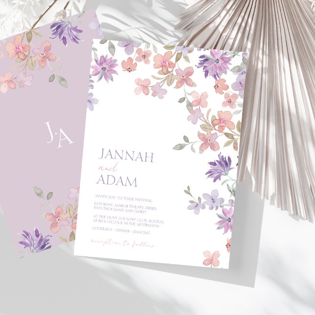 Convite Casamento de Flor Selvagem Rosa-Lavanda Elegante (Elegant Lavender Pink Whimsical Wildflower Wedding Invitation)
