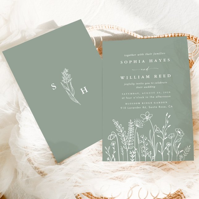 Convite Casamento de Flor Selvagem Verde de Modern Boho Sa (Criador carregado)