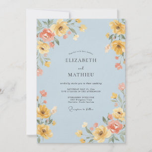 Convite Casamento de Flor Silvestre Alegre Azul Pálido