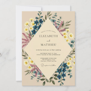 Convite Casamento de Flor Silvestre Amarela e Azul Marinho
