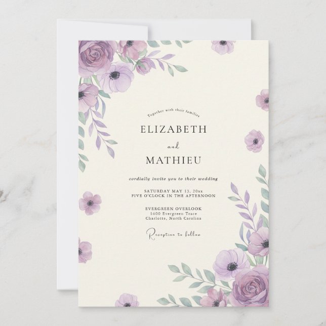 Convite Casamento de Flor Silvestre Boho Amethisto (Frente)