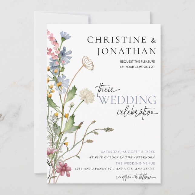Convite Casamento de Flor Silvestre Boho Floral Moderno  (Frente)