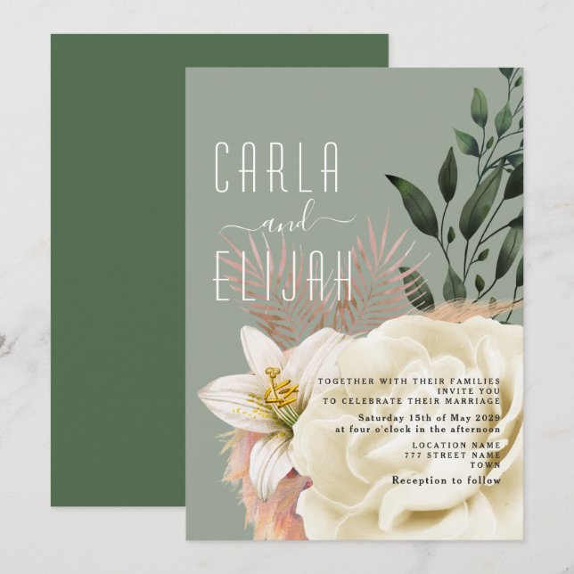 Convite Casamento de Flor Silvestre Boho Verde Sage (Frente/Verso)