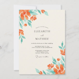 Convite Casamento de Flor Silvestre Coral Seafoam