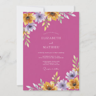 Convite Casamento de Flor Silvestre Dourada Antiga Magenta