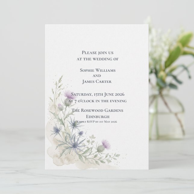 Convite Casamento de Flor Silvestre e Cardo Escocês com Er (Em pé/Frente)