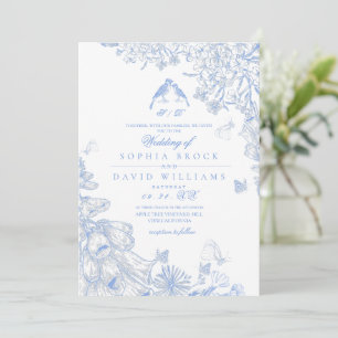 Convite Casamento de Flor Silvestre Francesa Clássica Azul