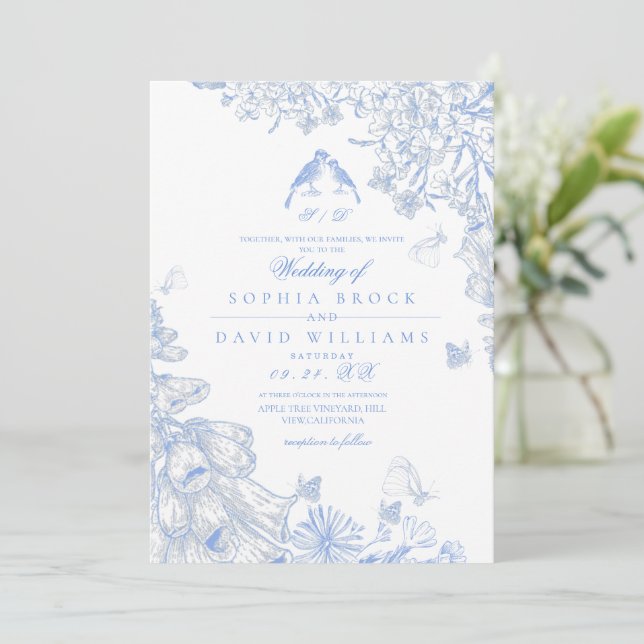 Convite Casamento de Flor Silvestre Francesa Clássica Azul (Em pé/Frente)