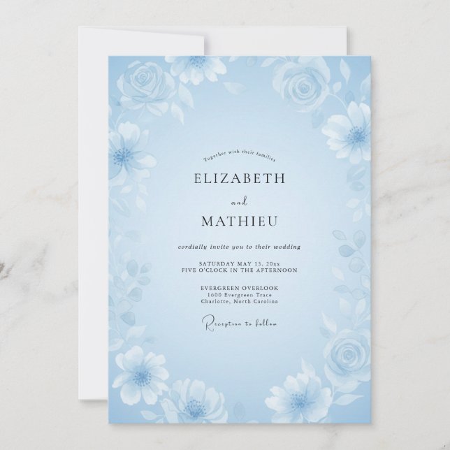 Convite Casamento de Flor Silvestre Gelo Azul (Frente)