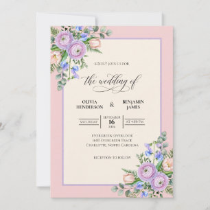 Convite Casamento de Flor Silvestre Lavanda Rosa Pastel