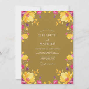 Convite Casamento de Flor Silvestre Magenta Mostarda