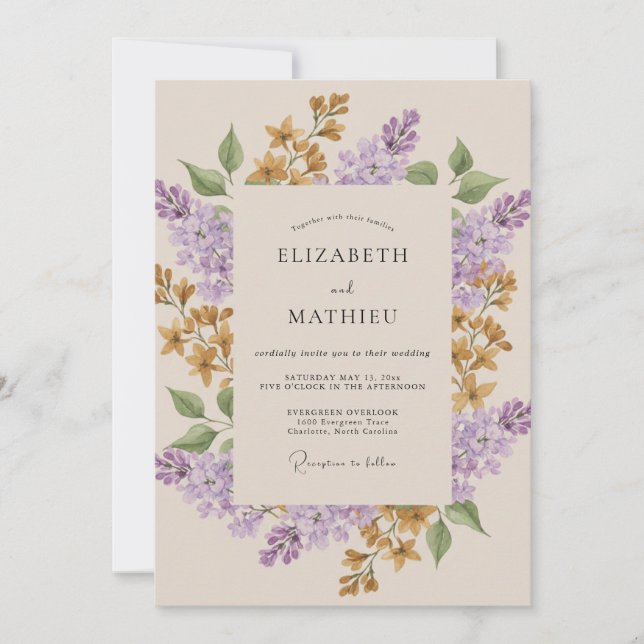 Convite Casamento de Flor Silvestre Mostarda Lilás (Frente)