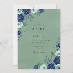 Convite Casamento de Flor Silvestre Navy Moss