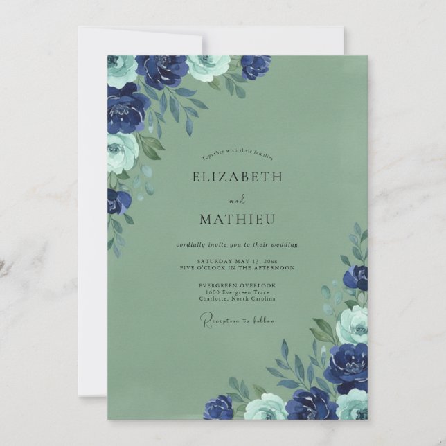Convite Casamento de Flor Silvestre Navy Moss (Frente)