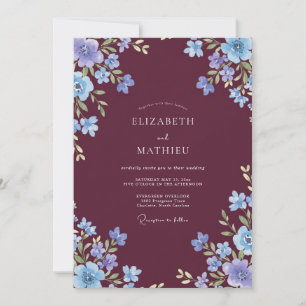 Convite Casamento de Flor Silvestre Periwinkle Burgundy Ri