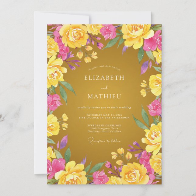 Convite Casamento de Flor Silvestre Rosa Mostarda (Frente)