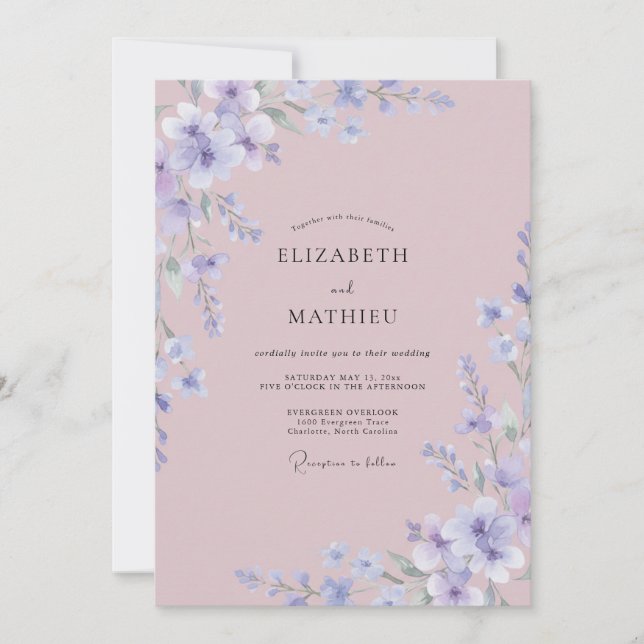 Convite Casamento de Flor Silvestre Roxa Periwinkle (Frente)