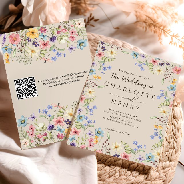Convite Casamento de Flor Silvestre Simples Rústico QR Cod (Criador carregado)
