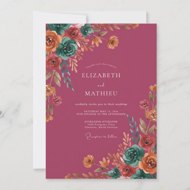 Convite Casamento de Flor Silvestre Teal Rosa Velho (Frente)
