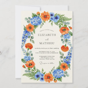 Convite Casamento de Flor Silvestre Vibrante Azul Laranja