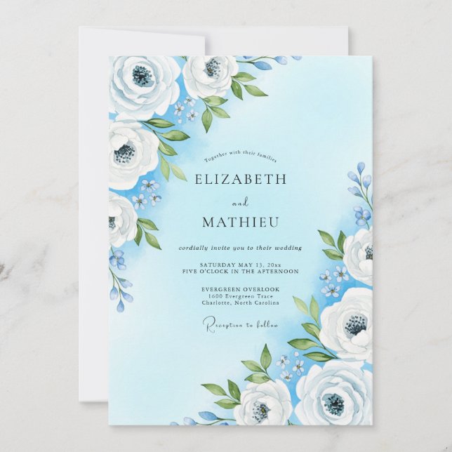 Convite Casamento de Flor Suave Azul Céu (Frente)