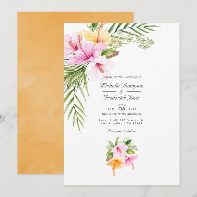 Convite Casamento de Flor Tropical de Praia Código QR RSVP (Frente/Verso)