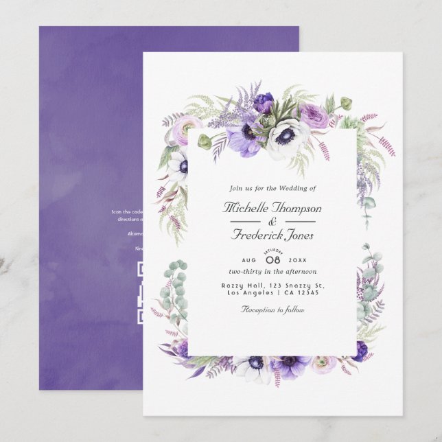Convite Casamento de Flor Violeta Empoeirada com RSVP Códi (Frente/Verso)