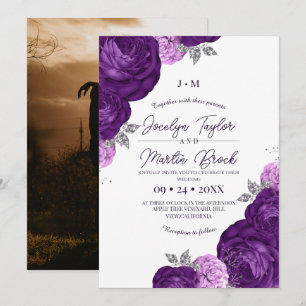Convite Casamento de Flora Caprichosa Moderna Roxa e Branc