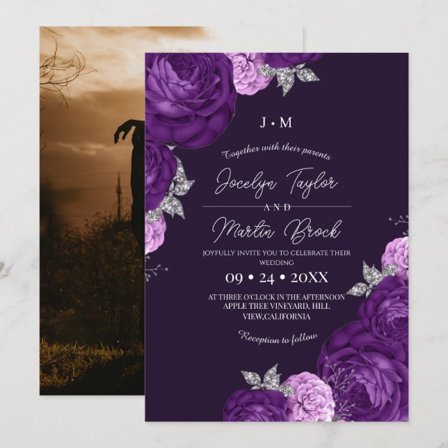 Convite Casamento de Flora Caprichosa Moderno Branco e Rox (Frente/Verso)