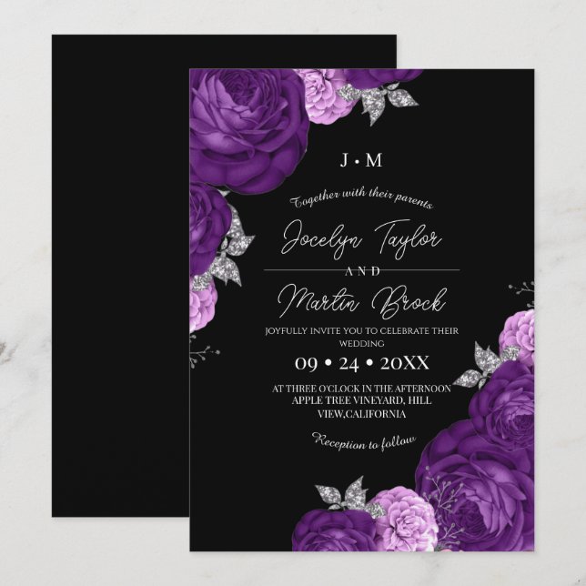 Convite Casamento de Flora Moderna e Caprichosa Preto e Ro (Frente/Verso)