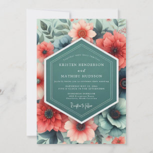Convite Casamento de Flora Opulenta Coral Verde-água