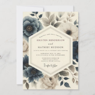 Convite Casamento de Flora Vintage Azul Ardesia