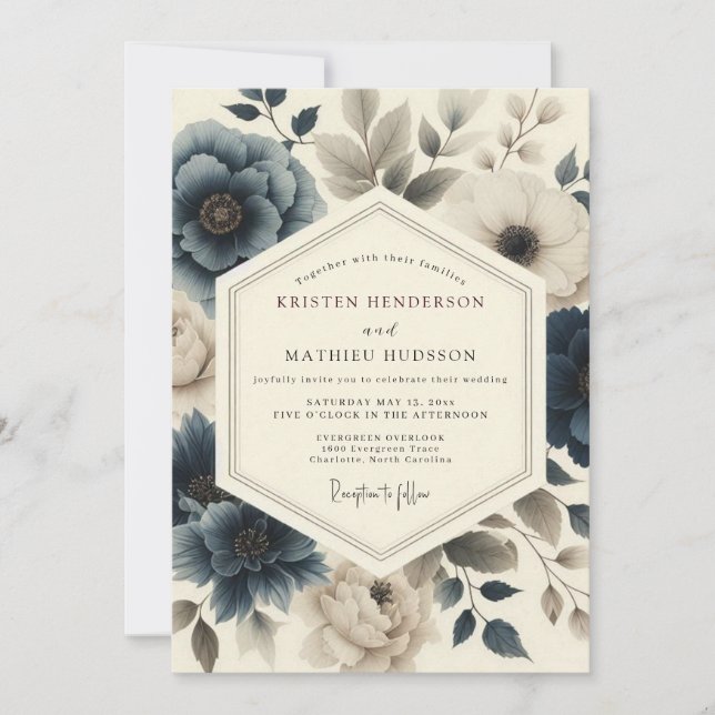 Convite Casamento de Flora Vintage Azul Ardesia (Frente)