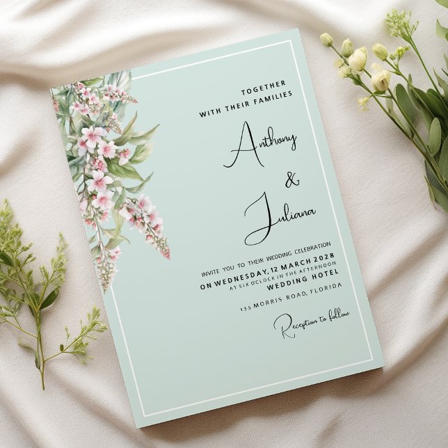 Convite Casamento de floração de horta rosa com revestimen (Watercolor blush pink mint floral Wedding)
