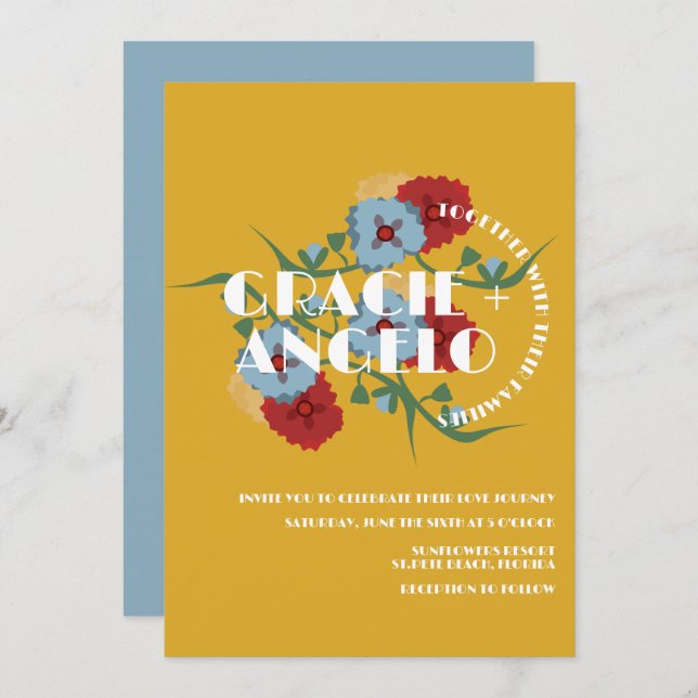 Convite Casamento de Florais Azuis de Mostarda Mexicana (Frente/Verso)