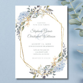 Convite Casamento de Florais Azuis Empoeirados em Moldura