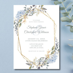 Convite Casamento de Florais Azuis Empoeirados em Moldura 