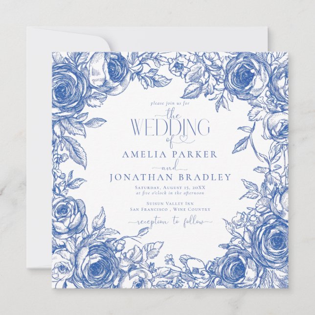 Convite Casamento de Florais Azul Moderno Elegante (Frente)