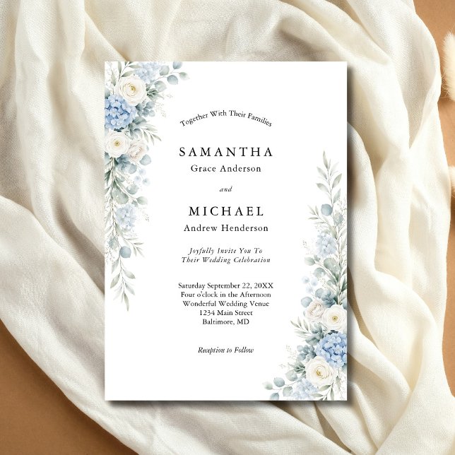 Convite Casamento de Florais Creme Branco Azul Empoeirado (Dusty blue and cream white watercolor florals modern elegant wedding invitation)