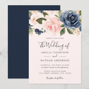 Convite Casamento de Florais de Aquarela Azul-Marinho e Pê