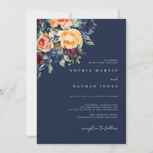 Convite Casamento de Florais de Aquarela em Burgundy Naval