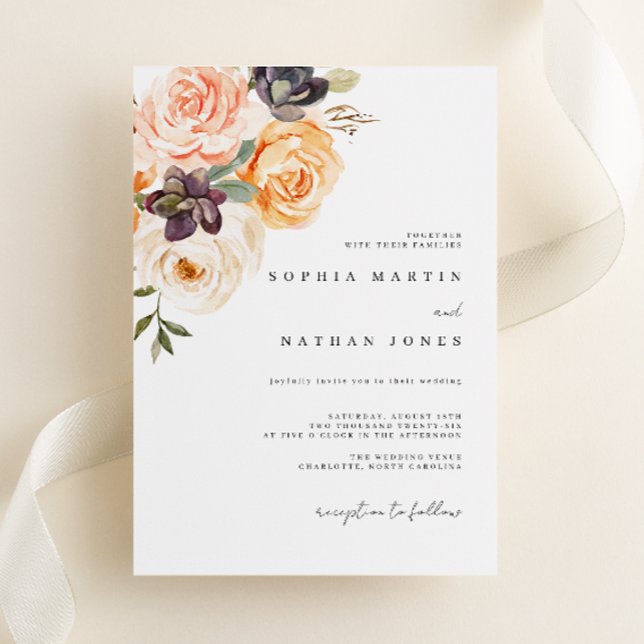 Convite Casamento de Florais de Aquarela em Laranja Queima (Criador carregado)