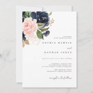 Convite Casamento de Florais de Aquarela Rosa Azul Elegant