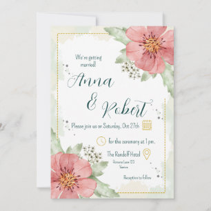 Convite Casamento de Florais de Coloração d'Água Vermelha