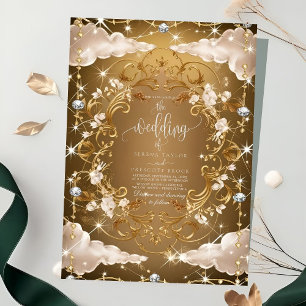 Convite Casamento de florais de Ouro de Ouros Sparkly