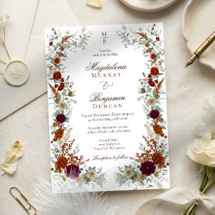 Convite Casamento de Florais de Outono Burgundy e Laranja