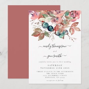 Convite Casamento de Florais de Teal Rosa-Cor-de-Água Mod