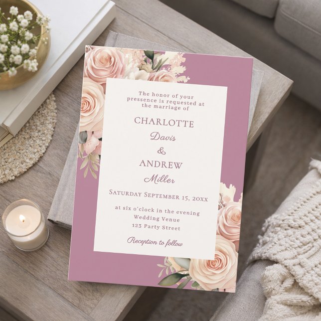 Convite Casamento de florais rosa empoeirado marfim violet (Criador carregado)