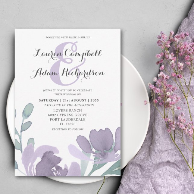 Convite Casamento de Florais Roxos em Aquarela Boho  (Criador carregado)