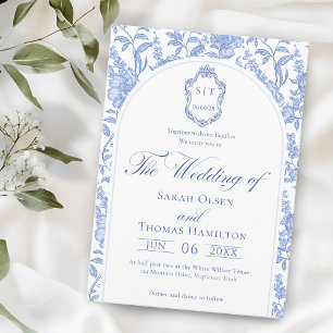 Convite Casamento de Floral Azul Delft Chinoiserie Monogra